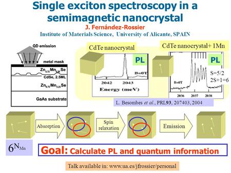 L. Besombes et al., PRL93, 207403, 2004 Single exciton spectroscopy in a semimagnetic nanocrystal J. Fernández-Rossier Institute of Materials Science,