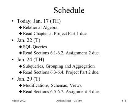 Winter 2002Arthur Keller – CS 1805–1 Schedule Today: Jan. 17 (TH) u Relational Algebra. u Read Chapter 5. Project Part 1 due. Jan. 22 (T) u SQL Queries.