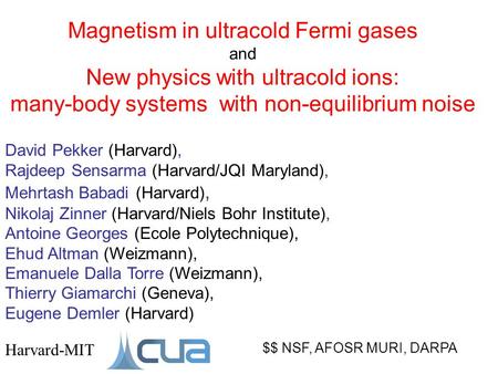 Magnetism in ultracold Fermi gases and New physics with ultracold ions: many-body systems with non-equilibrium noise $$ NSF, AFOSR MURI, DARPA Harvard-MIT.
