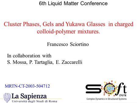 Cluster Phases, Gels and Yukawa Glasses in charged colloid-polymer mixtures. 6th Liquid Matter Conference In collaboration with S. Mossa, P. Tartaglia,