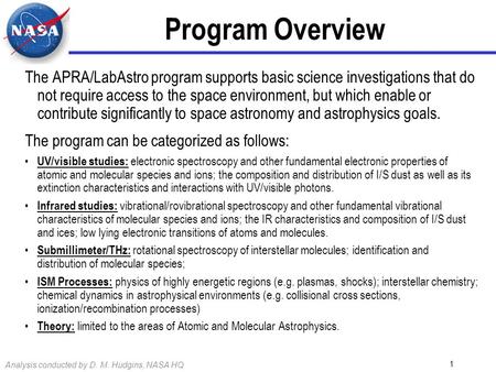 Analysis conducted by D. M. Hudgins, NASA HQ 1 Program Overview The APRA/LabAstro program supports basic science investigations that do not require access.
