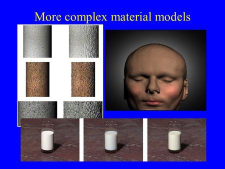 More complex material models. Taxonomy 2 Single-wavelength Scattering function = 8D Bidirectional Texture Function (BTF) Spatially-varying BRDF (SVBRDF)