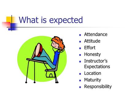 What is expected Attendance Attitude Effort Honesty Instructor’s Expectations Location Maturity Responsibility.