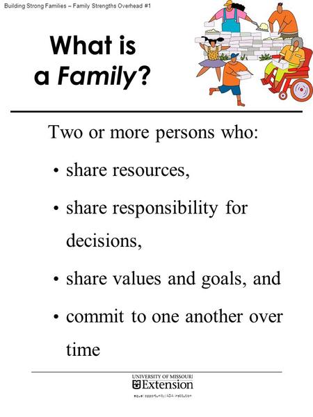 Equal opportunity/ADA institution What is a Family ? Two or more persons who: share resources, share responsibility for decisions, share values and goals,