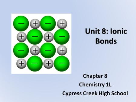 Chapter 8 Chemistry 1L Cypress Creek High School Unit 8: Ionic Bonds.