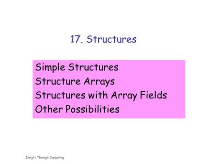 Insight Through Computing 17. Structures Simple Structures Structure Arrays Structures with Array Fields Other Possibilities.