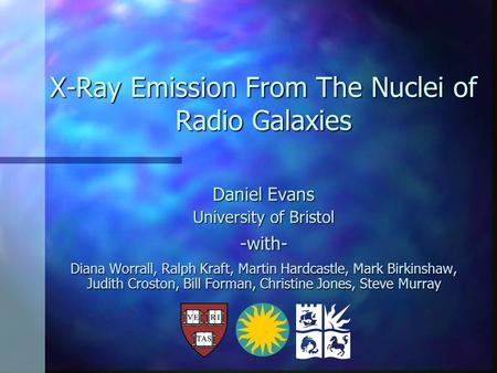 X-Ray Emission From The Nuclei of Radio Galaxies Daniel Evans University of Bristol -with- Diana Worrall, Ralph Kraft, Martin Hardcastle, Mark Birkinshaw,