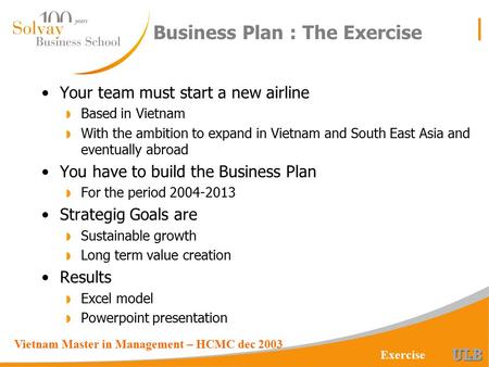 Vietnam Master in Management – HCMC dec 2003 Exercise Your team must start a new airline  Based in Vietnam  With the ambition to expand in Vietnam and.