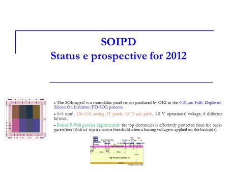 SOIPD Status e prospective for 2012 The SOImager2 is a monolithic pixel sensor produced by OKI in the 0.20 µm Fully Depleted- Silicon On Insulator (FD-SOI)