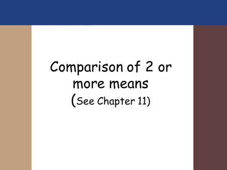 Comparison of 2 or more means ( See Chapter 11) e.g. n=16, df=15, alpha=0.05 t- statistic under H0 are ±2.13 Is  =  0 ? -- consider versus or One sample.