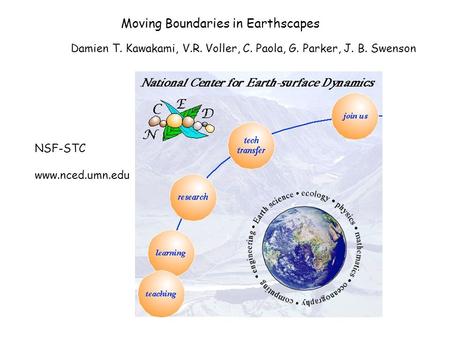 Moving Boundaries in Earthscapes Damien T. Kawakami, V.R. Voller, C. Paola, G. Parker, J. B. Swenson NSF-STC www.nced.umn.edu.