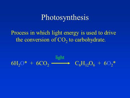 Photosynthesis Process in which light energy is used to drive the conversion of CO 2 to carbohydrate. 6H 2 O* + 6CO 2 C 6 H 12 O 6 + 6O 2 * light.