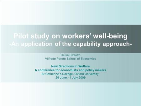 Pilot study on workers’ well-being -An application of the capability approach- Giulia Bizzotto Vilfredo Pareto School of Economics New Directions in Welfare.