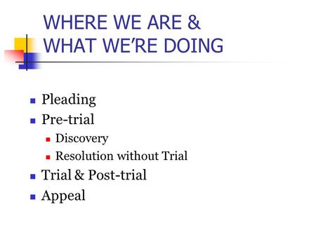 WHERE WE ARE & WHAT WE’RE DOING Pleading Pre-trial Discovery Resolution without Trial Trial & Post-trial Appeal.