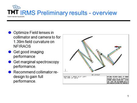 1 IRMS Preliminary results - overview Optimize Field lenses in collimator and camera to for 1.39m field curvature on NFIRAOS Get good imaging performance.