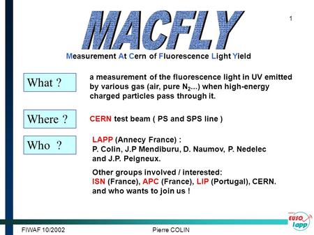 FIWAF 10/2002Pierre COLIN 1 a measurement of the fluorescence light in UV emitted by various gas (air, pure N 2...) when high-energy charged particles.