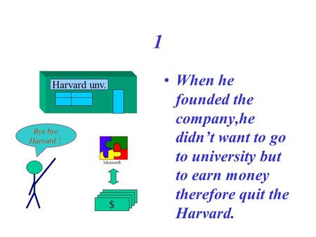 1 When he founded the company,he didn’t want to go to university but to earn money therefore quit the Harvard. Harvard unv. $ Bye bye Harvard !. Microsoft.