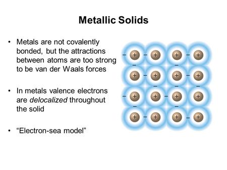 Metallic Solids Metals are not covalently bonded, but the attractions between atoms are too strong to be van der Waals forces In metals valence electrons.