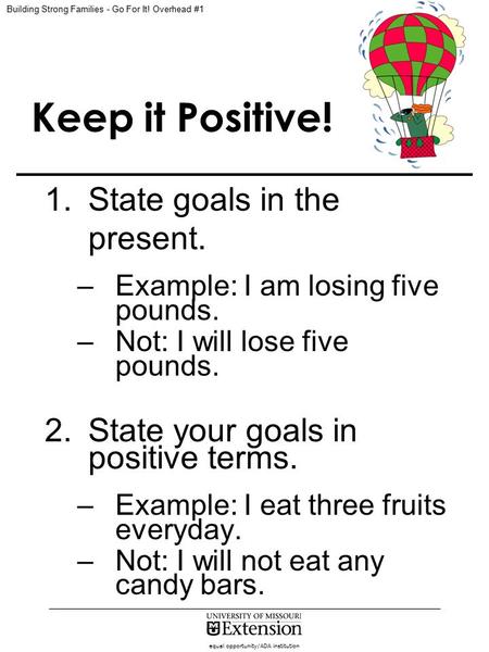 Equal opportunity/ADA institution Keep it Positive! 1.State goals in the present. –Example: I am losing five pounds. –Not: I will lose five pounds. 2.State.