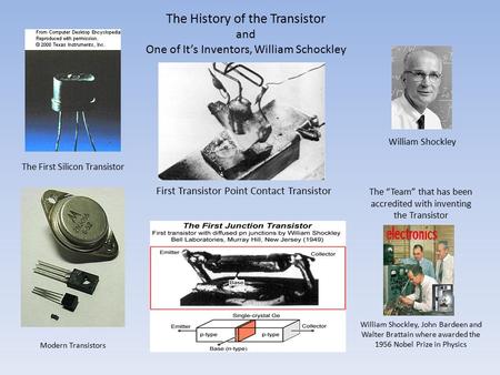 The History of the Transistor and One of It’s Inventors, William Schockley First Transistor Point Contact Transistor William Shockley The “Team” that has.