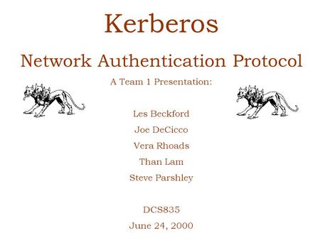 Kerberos Network Authentication Protocol A Team 1 Presentation: Les Beckford Joe DeCicco Vera Rhoads Than Lam Steve Parshley DCS835 June 24, 2000.