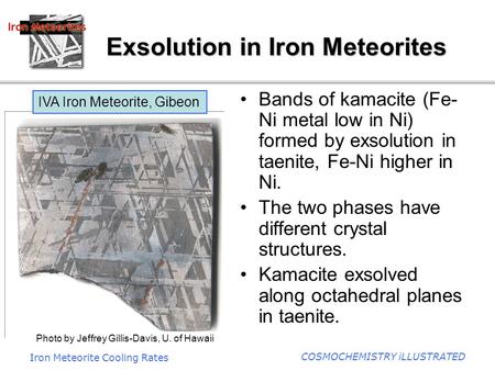 Iron Meteorite Cooling Rates COSMOCHEMISTRY iLLUSTRATED Exsolution in Iron Meteorites Bands of kamacite (Fe- Ni metal low in Ni) formed by exsolution in.