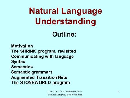 CSE 415 -- (c) S. Tanimoto, 2004 Natural Language Understanding 1 Natural Language Understanding Outline: Motivation The SHRINK program, revisited Communicating.