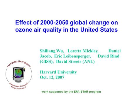Effect of 2000-2050 global change on ozone air quality in the United States Shiliang Wu, Loretta Mickley, Daniel Jacob, Eric Leibensperger, David Rind.