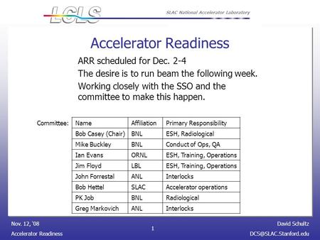 David Schultz Accelerator Nov. 12, ‘08 SLAC National Accelerator Laboratory 1 Accelerator Readiness ARR scheduled for Dec.
