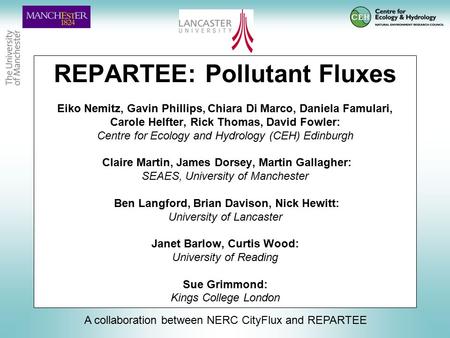 REPARTEE: Pollutant Fluxes Eiko Nemitz, Gavin Phillips, Chiara Di Marco, Daniela Famulari, Carole Helfter, Rick Thomas, David Fowler: Centre for Ecology.