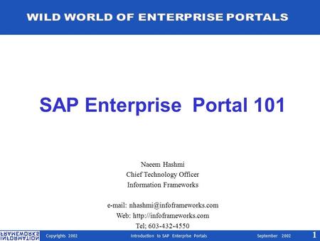 Copyrights 2002 Introduction to SAP Enterprise Portals September 2002 1 SAP Enterprise Portal 101 Naeem Hashmi Chief Technology Officer Information Frameworks.