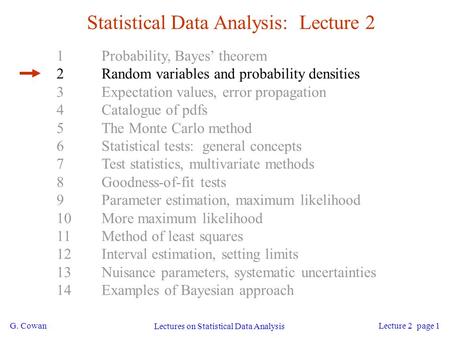 G. Cowan Lectures on Statistical Data Analysis Lecture 2 page 1 Statistical Data Analysis: Lecture 2 1Probability, Bayes’ theorem 2Random variables and.