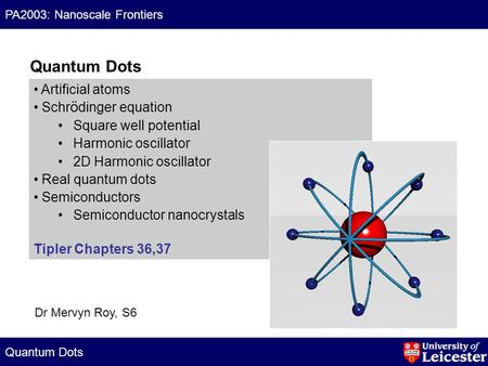 Quantum Dots PA2003: Nanoscale Frontiers Artificial atoms Schr ö dinger equation Square well potential Harmonic oscillator 2D Harmonic oscillator Real.
