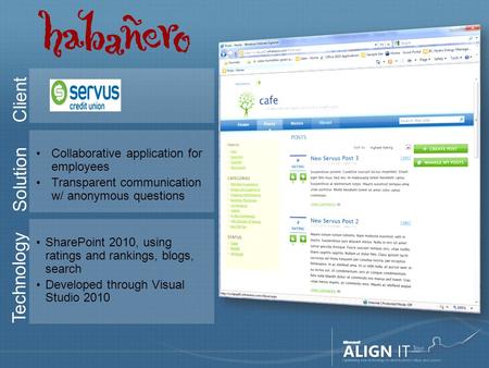 Client Solution Collaborative application for employees Transparent communication w/ anonymous questions Technology SharePoint 2010, using ratings and.
