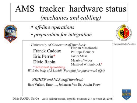 AMS tracker hardware status (mechanics and cabling) Divic RAPIN, UniGe AMS splinter tracker, Septidi 7 Brumaire 217 (october 28, 2008) off-line operations.