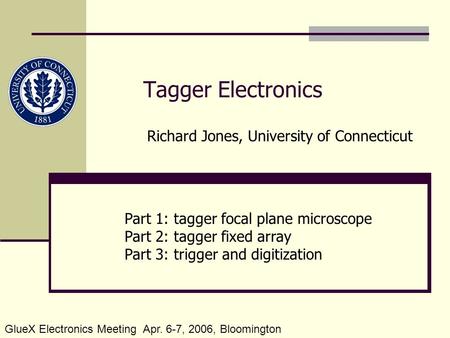 Tagger Electronics Part 1: tagger focal plane microscope Part 2: tagger fixed array Part 3: trigger and digitization Richard Jones, University of Connecticut.