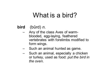 What is a bird? bird (bûrd) n. –Any of the class Aves of warm- blooded, egg-laying, feathered vertebrates with forelimbs modified to form wings. –Such.