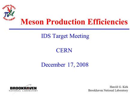 Harold G. Kirk Brookhaven National Laboratory Meson Production Efficiencies IDS Target Meeting CERN December 17, 2008.