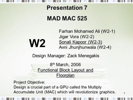 1 Farhan Mohamed Ali (W2-1) Jigar Vora (W2-2) Sonali Kapoor (W2-3) Avni Jhunjhunwala (W2-4) Presentation 7 MAD MAC 525 8 th March, 2006 Functional Block.