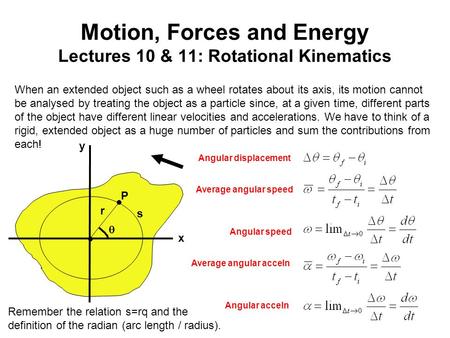 Motion, Forces and Energy Lectures 10 & 11: Rotational Kinematics When an extended object such as a wheel rotates about its axis, its motion cannot be.
