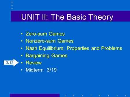 UNIT II: The Basic Theory Zero-sum Games Nonzero-sum Games Nash Equilibrium: Properties and Problems Bargaining Games Review Midterm3/19 3/12.