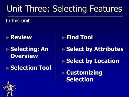 Unit Three: Selecting Features In this unit… ► Find Tool ► Select by Attributes ► Select by Location ► Customizing Selection ► Review ► Selecting: An Overview.