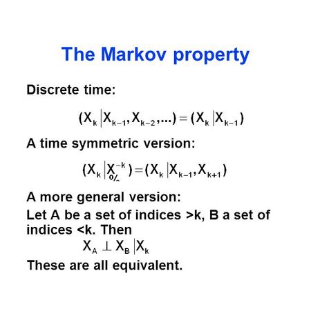 The Markov property Discrete time: A time symmetric version: A more general version: Let A be a set of indices >k, B a set of indices 