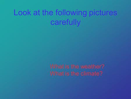 Look at the following pictures carefully What is the weather? What is the climate?