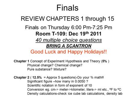 Finals Chapter 1 Concept of Experiment Hypothesis and Theory (5% ) Physical change? Chemical change? Pure substance? Mixture? Chapter 2 ( 12.5% = Approx.