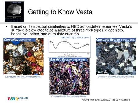 Www.psrd.hawaii.edu/Nov07/HEDs-Vesta.html Getting to Know Vesta Based on its spectral similarities to HED achondrite meteorites, Vesta’s surface is expected.