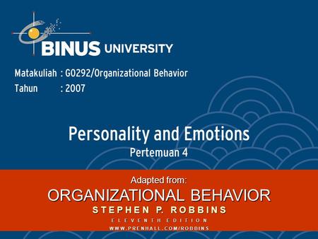Personality and Emotions Pertemuan 4 Matakuliah: G0292/Organizational Behavior Tahun: 2007 Adapted from: ORGANIZATIONAL BEHAVIOR S T E P H E N P. R O B.