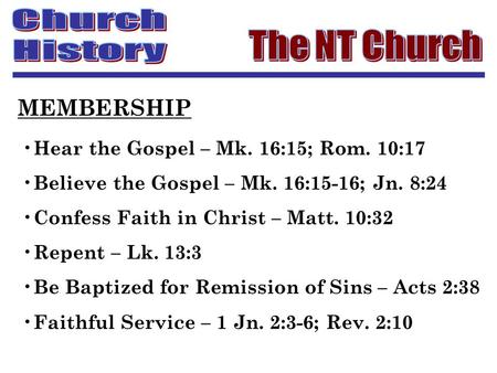 Hear the Gospel – Mk. 16:15; Rom. 10:17 Believe the Gospel – Mk. 16:15-16; Jn. 8:24 Confess Faith in Christ – Matt. 10:32 Repent – Lk. 13:3 Be Baptized.