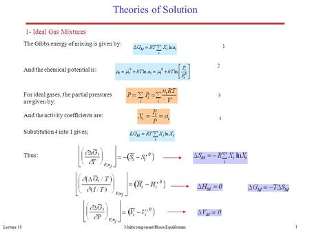 Lecture 18Multicomponent Phase Equilibrium1 Theories of Solution The Gibbs energy of mixing is given by: And the chemical potential is: For ideal gases,