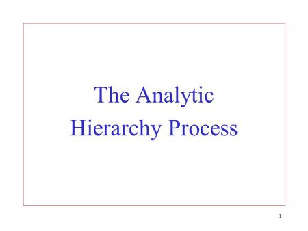 1 The Analytic Hierarchy Process. 2 Overview of the AHP 1.Set up decision hierarchy 2.Make pairwise comparisons of attributes and alternatives 3.Transform.